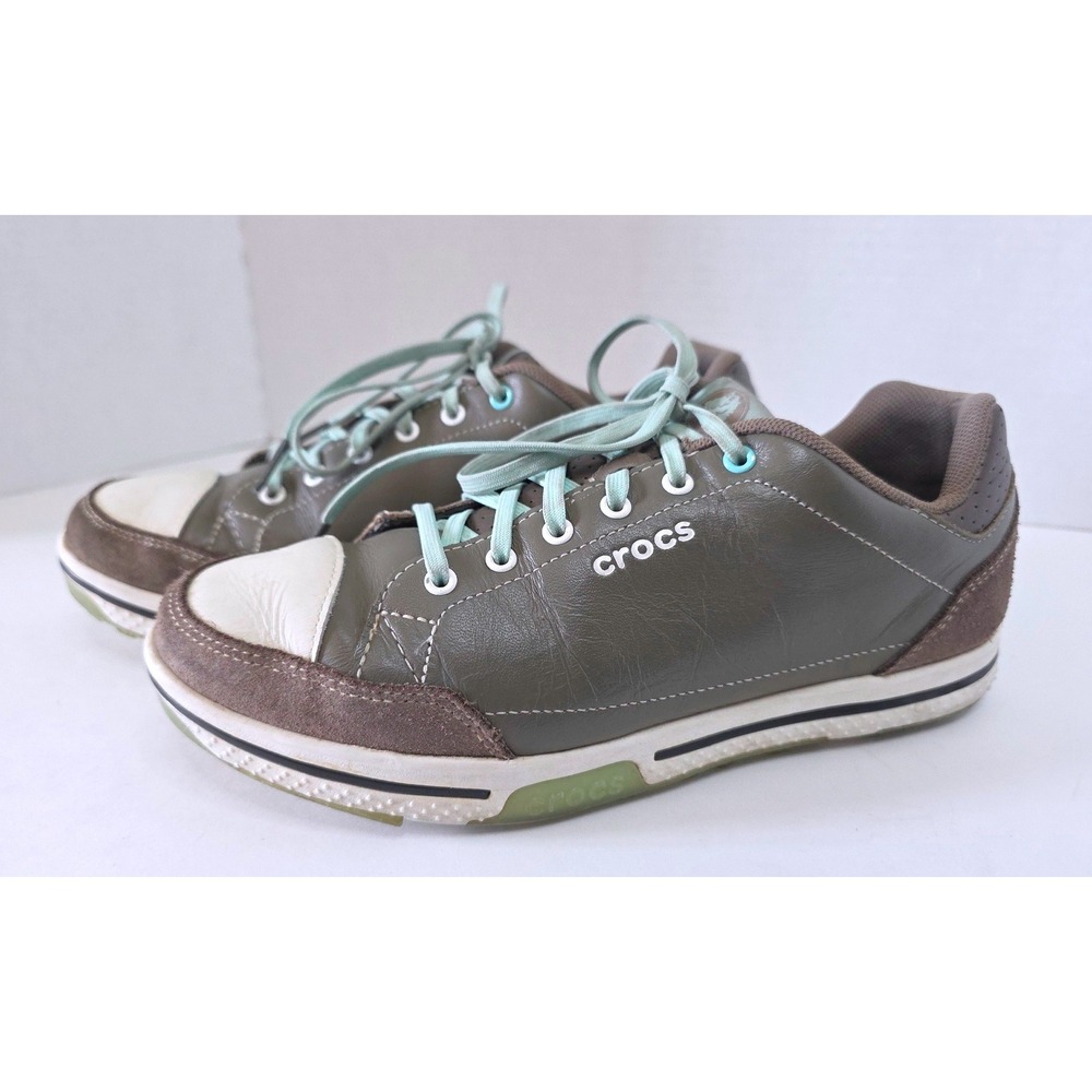 Crocs Golf Shoes W 7.5 Brown Olive Leather Suede Spikeless Sneakers Low Top